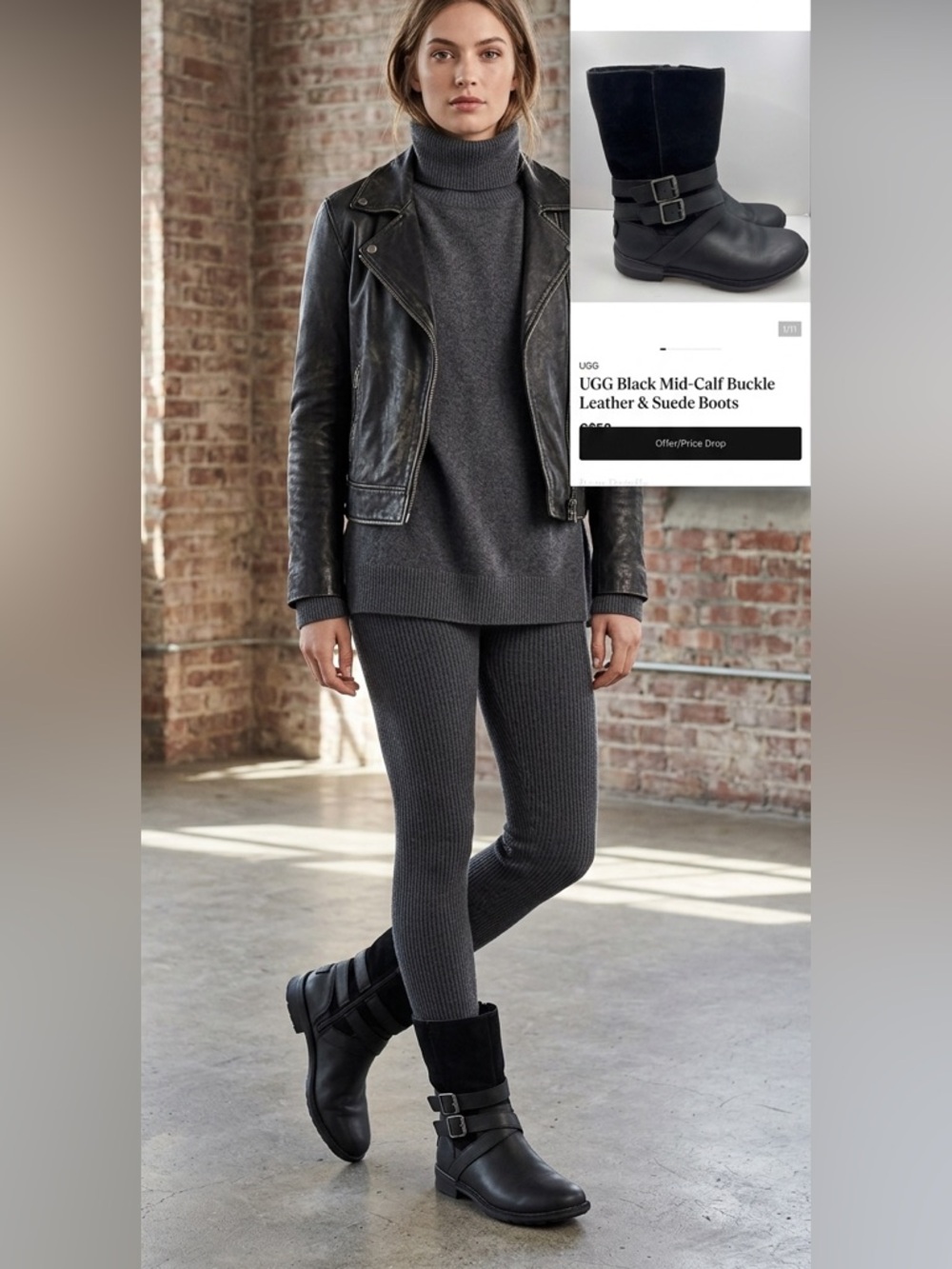 UGG Black Mid-Calf Buckle Leather & Suede Boots